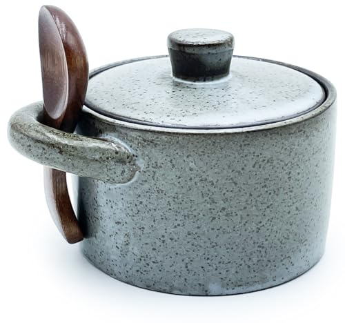 EWEIGEER Ceramic Salt Cellar With Lid & Spoon,8oz Salt Container For Countertop,Sugar Bowl,Spice Jar(Gray)