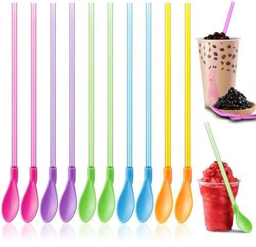 YXL 10 Pack Reusable Slushie Straws with Spoon, Colourful 2-in-1 Drink & Dessert Straws for Milkshakes, Bubble Tea & Frozen Drinks
