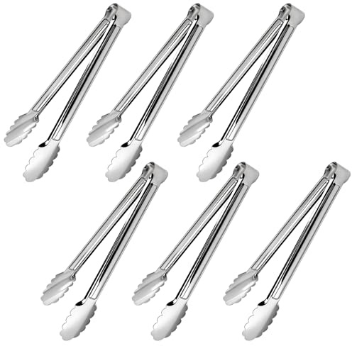Akamino 12 Inch Kitchen Tongs Set of 6, Stainless Steel Buffet Tongs, Non Stick Metal Food Serving Tong for Salad, Clipping Bread, Frying Cooking, Camping Barbecue, Silver