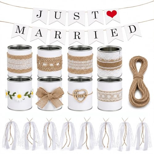 8 barattoli di latta fatti a mano per matrimonio – Set di decorazioni per auto con nastro per matrimonio Just Married Getaway Car Decor con striscione