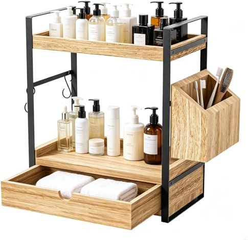 2-Ebenen Badezimmer Organizer mit Schubladen, Körben & 2 Haken, Arbeitsplatten-Organizer aus Holz mit Metallgestell, Gewürzregal Küchenregal Schreibtisch Aufbewahrungsregal Badregal für Bad Küche Büro
