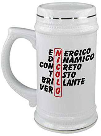 bubbleshirt Boccale da birra Compleanno - Nicolò e aggettivi simpatici - evento - in ceramica - capienza 50 cl - idea regalo