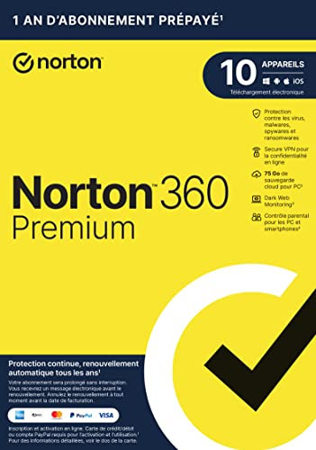Norton™ 360 Premium 2026 |10 Appareils | 1 An d'Abonnement en renouvellement automatique |Envoi par la poste