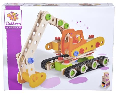Eichhorn Constructor Raupenbagger, vielseitiges Holzspielzeug, 170 Bauteile, 4 Verschiedene Konstruktionen, FSC 100% zertifiziertes Buchenholz, für Kinder ab 6 Jahren