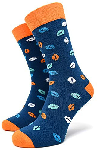 40YARDS American Football Socken mit bunten Footbällen für Fans aller Teams - Unisex für Männer, Frauen & Kinder (blau/orange, Größe 41-46)