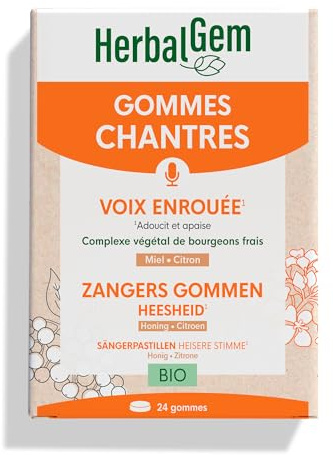 HerbalGem Gommes Chantres Éclat Voix Bio 24 Gommes | Apaise les cordes vocales sollicitées, formule au miel et citron enrichie aux bourgeons. Dès 18 ans.