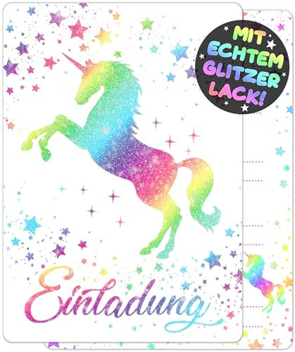 VULAVA 12x GLITZER Einhorn EINLADUNGSKARTEN KINDERGEBURTSTAG Mädchen Junge - die Regenbogen PARTY Karten sind die Einhorn EINLADUNG für Mädchen Jungen Kinder GEBURTSTAG Einladung Pferde UNICORN