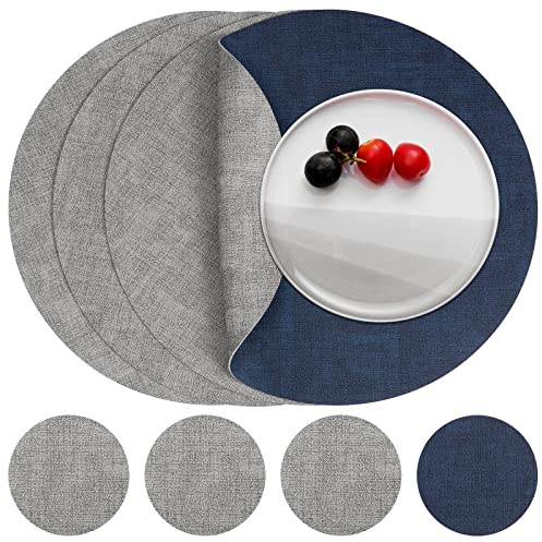 Myir JUN Tischsets abwaschbar Leder und Untersetzer doppelseitig Platzset | Platzset Rund Ø 36cm 4er Set rutschfest Glasuntersetzer Platzdeckchen Kunstleder Tischset (Grau Blau, 4er Set)