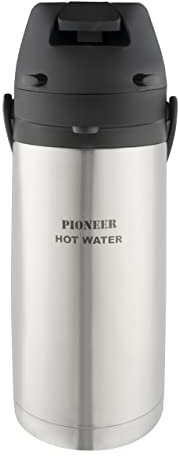 Pioneer 1.9L Stainless Steel Lever Airpot, Leakproof Flask for Hot and Cold Drinks, Easy Pump Drink Dispenser for Events with Water Label