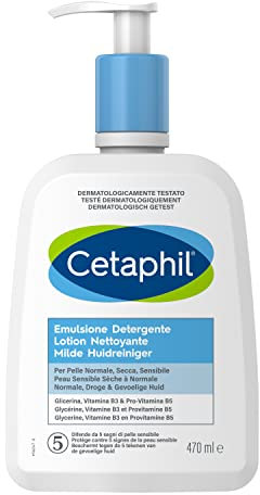 Cetaphil Emulsione Detergente Viso e Corpo, per Pelle Normale, Sensibile, Secca e Intollerante, Idrata fino a 4 Giorni, Senza Profumo, Formato 470 ml