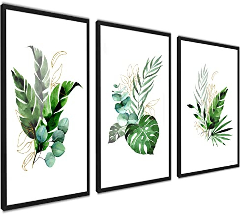 ag.art deco 3er Set Poster Ohne Rahmen Wanddeko Wohnzimmer Modernes Design | Natur 30x40 Botanische für Wand Deko Wohnzimmer oder Schlafzimmer Kunstdruck mit Motiven von Grüne Pflanzen Bilder, Flur