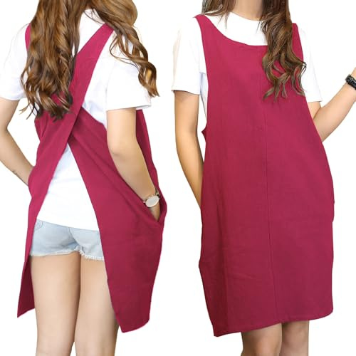 MeYuxg Delantal Estilo Japonés - Algodón Lino Color Sólido, Trasero Cruzado en X, Diseño Acortado Con Bolsillos Para Cocina, Panadería, Florista, Ceramista