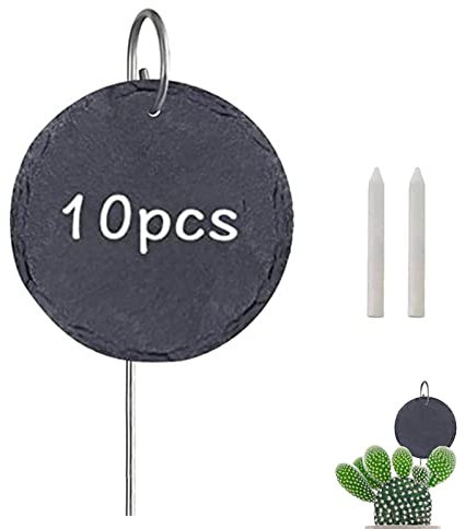 HIUOUIH Set di 10 Etichette Per Piante In Ardesia 10 cm Rotondo Cartelli Erbe da Esterno Targhette Ardesia con Sbarre Metallo Cartellini Orto Giardinaggio Impermeabili Giardino Aromatiche Verdure