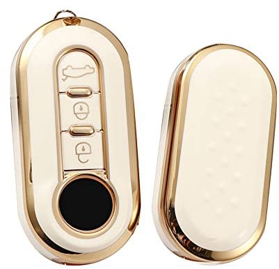 HIBEYO Klappschlüssel Autoschlüssel Hülle passt für FIAT Schlüsselhülle Silikon Schutzhülle für FIAT 500 Lancia Punto Panda Ypsilon Delta Grande Bravo Musa Schlüsselgehäuse 3-Tasten-Gold Weiß