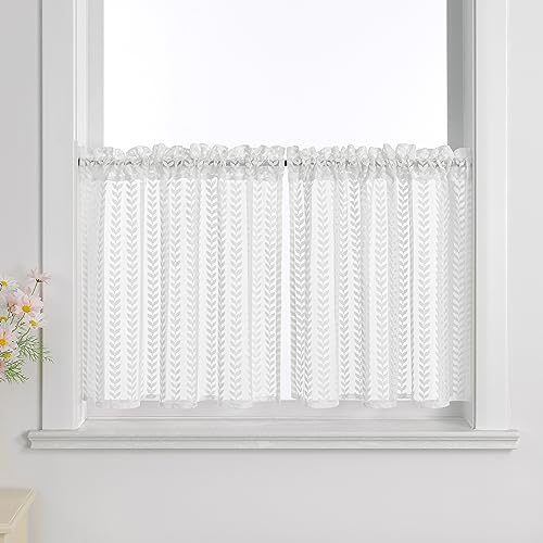 Joyswahl Kurzgardinen landhausstil Leinenvorhang Scheibengardinen weiß Bistrogardine mit Tunnelzug Küchengardinen Boho Vorhang Fenstergardinen Weiß HxB 45x120cm 2 Stück