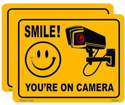 2 PACK - Small 11cm X 8.5cm SMILE YOUR ON CAMERA CCTV Self Adhesive Stickers - Yellow/Black, Sign, Warning, Private Property, Surveillance SG206