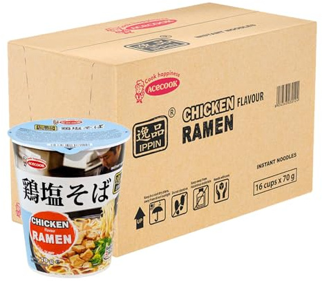 Acecook Ippin Instant Ramen Cup Noodles Instant Noodles Quick Meal - Chicken Flavour 70g (Pack of 16)