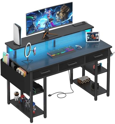 Lufeiya Gaming Desk with Led Lights and Power Outlets, 47 Inch Home Office Desk with Monitor Stand & Shelves, Writing Study Computer Desks with Fabric Drawers for Bedroom, Black