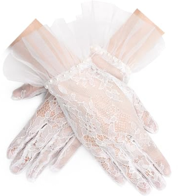 Long Keeper Spitzenhandschuhe für Damen, kurze Perle, Hochzeitshandschuhe, Tüll, Opernhandschuhe, Brauthandschuhe, Vintage-Stil, Vollfinger-Abendhandschuhe für Hochzeit, Abschlussball, Party, Kostüm,