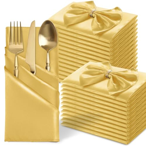 MILVOWOC Quadratische goldene Satin-Servietten, 50,8 x 50,8 cm, weiche Seide, Glatte dekorative Tischservietten, Wiederverwendbare Stoffservietten für Hochzeiten, Abendessen, Restaurant,