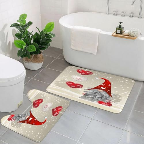 EYLOZS Badezimmerteppich Set 2 Teilig Waschbar rutschfeste Badematte Toilettenmatte Weich Saugfähige Badteppiche,Wschneeflocken Weihnachten