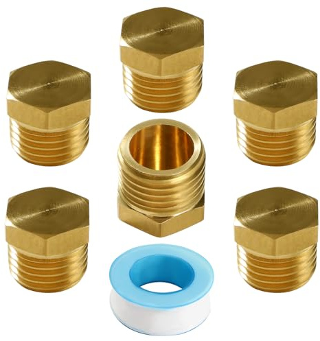 Lyeteung 6 PCS G1/4 Brass Hexagonal External Thread Cap, Brass Blanking Stop Caps, Hose Caps, with Raw Material Tape, for Valve Pipe Fittings