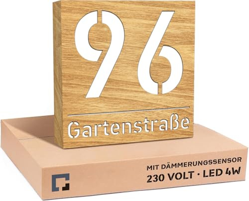 PRINTIMA Hausnummer Beleuchtet LED mit Dämmerungssensor 30x30 cm Helle Eiche mit Gravur, 6W A++, 230V, wasserdicht, modernes Design, robust & stilvoll