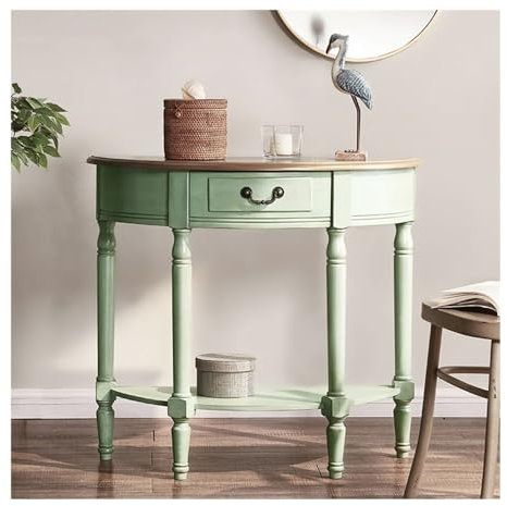 Gardeneea Consolle Tavolo Consolle Mezzaluna con Cassetti Portaoggetti e Ripiano Inferiore, Tavolino da Divano per Soggiorno (Verde)