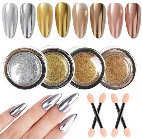 Chrome Nagelpulver Gold Silber Champagner Kupfer, 4 Farben Spiegeleffekt Metallisches Chrompulver für Nägel, GZMAYUEN Mirror Nagelpulver für Frauen und Mädchen Geschenke