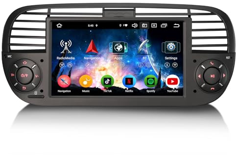 Erisin 8 núcleos 4GB+64GB 7 Pulgadas Android 14 Radio Coche Bluetooth GPS Navegador para Fiat 500 500C 500S 500E Autoradio 1 DIN Soporte CarPlay Android Auto DSP WiFi Dab+ FM OBD2 TDT Pantalla Táctil