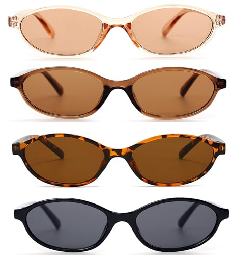 FSMILING 2/4 Retro Oval Sonnenbrille Damen Vintange Schmal Skinny Trendy 90S Sonnenbrille für Damen