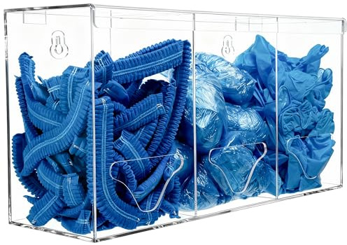SEANADO Clear Acrylic Glove Dispenser with Lid– Wall Mounted or Freestanding PPE Holder with Lid, 3-Compartment Hygiene Station for Hairnets, Beard Nets, Shoe Covers, Plastic Bags, Disposable Gloves