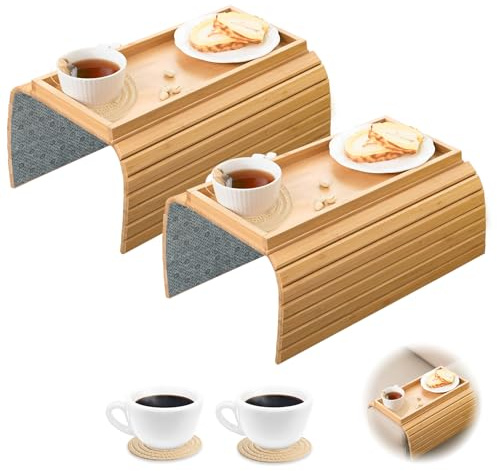 Sofa Arm Tray with Cup Mats, Foldable Sofa Arm Table Couch Tray, Anti-Slip Sofas Trays Table Armchair Table Couch Armrest Trays Sofas Side Table for Phone, Remote (2pcs Log)