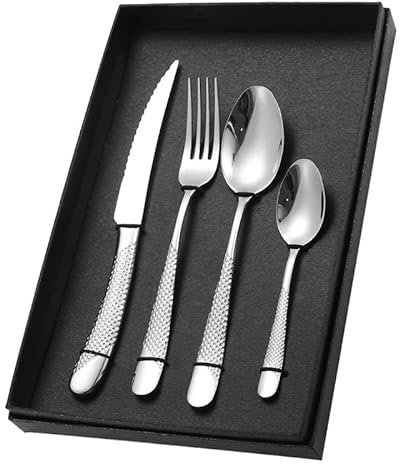 Besteckset, 4/16/24/32/40/48-teilig, Dickes Edelstahl-Besteckset, Hotel-Steakmesser, Gabel und Löffel, Vier Hauptteile, Geschenkbox, Silber, 40-teilig für 10 (Silber, 24-teilig für 6)