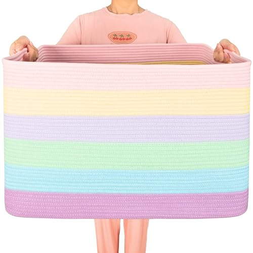 MINTWOOD Design 112L Extra Large Blanket Basket Holder Living Room, 25x17x16 Rectangle Rope Woven Storage Basket with Handles for Laundry, Towels, Shoes, Dog Toy Organizer Bin Box, Pastel Rainbow