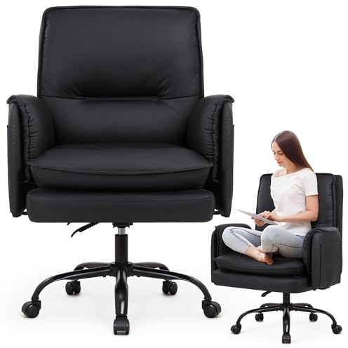 IWMH Bürostuhl, PU Leder Ergonomischer Schreibtischstuhl, Verdickte Kissen Breiten Sitz Chefsessel mit Rollen,90-135° Reclining Drehstuhl Schminktisch Stuhl Höhenverstellbarer mit Armlehne (Schwarz)