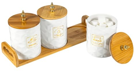 SUNNYNEST Ceramic Coffee Tea Sugar Canisters Set with Bamboo Lid & Tray – 3pcs White Airtight Food Storage Jars, Diamond Textured Ceramic Containers for Farmhouse Kitchen Countertop Decor