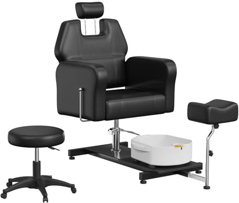 Silla de pedicura reclinable con elevación hidráulica, taburete, reposapiés y bandeja de masaje integrada. Sillón giratorio de 360°, ajustable, ideal para salón, spa o uso doméstico. Negro.