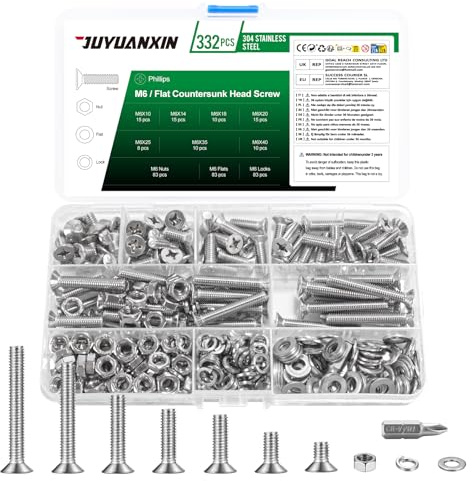 332 Pcs M6 Juego de Tornillos y Tuercas y Arandelas, Tornillería tornillos avellanados, tornillo avellanados de cabeza cruzada de cabeza plana acero inoxidable con arandelas planas y de seguridad
