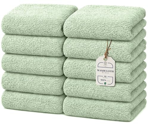 HomeBurg CORE 10-Piece Cotton Washcloths for Bathroom and Kitchen | Value Pack, Soft, Absorbent, Compact, Lightweight, Portable, Minimalist, 30 x 30cm, Moss Green