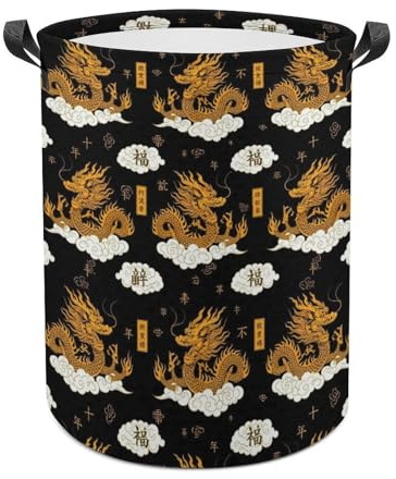 Portable Collapsible Hamper Dark Fire Chinese Golden Dragon Japanese Totem Black, Waterproof Laundry Basket with Handles for Bedroom, Bathroom, and Toy Storage