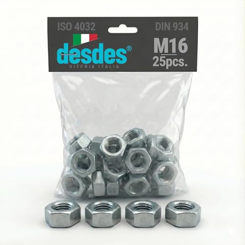 desdes® Dadi Esagonali Acciaio Inox A2 (V2A / AISI 304) [DIN 934 / ISO 4032] - Fissaggi Professionali Antiruggine per Interni e Esterni, Meccanica e Fai da Te - Filettatura da M1.6 a M36 (M16, 25pcs)