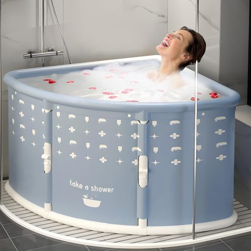 Portable Bathtub for Adults, Foldable Corner Bath Tub for Shower Cubicle, Fan Shaped Freestanding Soaking Spa Bucket, Thickened Thermal Insulation, Non Inflatable Mobile Plunge Pool, 73cm (Grey)