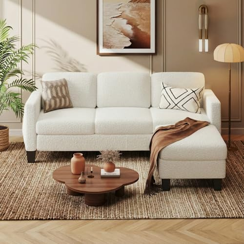 Pinmoco L-Shaped Sectional Sofa with Reversible Chaise, Modern Boucle Upholstered Couch with Spring Cushions, Comfortable Corner Sofa for Living Room, Apartment & Small Space