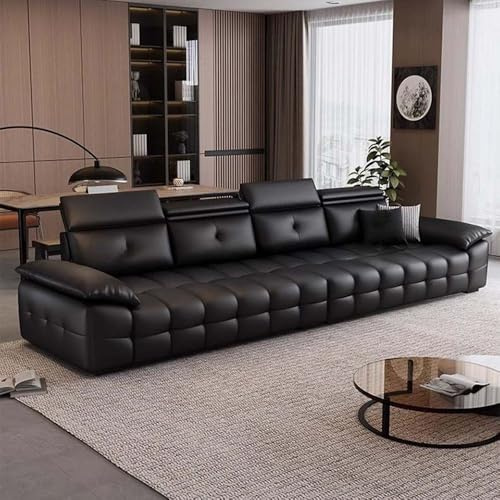 Italiensk lyxig enkel svart lädersoffa, massiv träram, rymlig och mjuk soffa, modern stor storlek, lämplig för vardagsrum/kontor/lägenhet.