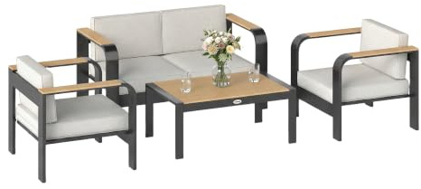 Outsunny Gartenmöbel Set Aluminium für 4 Personen Wasserabweisend Beige | Sitzgruppe, Extra Tiefe Gartenlounge Outdoor, 2er Sofa, 2 Sessel, Beistelltisch, Balkonmöbel, Terrassenmöbel