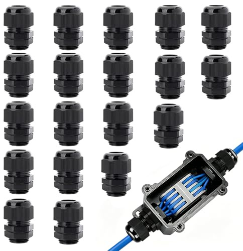 20 Pack IP68 Waterproof Nylon Cable Glands, M20 20mm Electrical Connectors for 6mm-12mm Cables, Outdoor Use, with Locknut and Washer, Suitable for Junction Boxes, Black