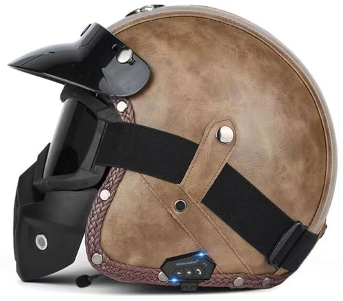 Casque Moto Jet Vintage Casques Bols 3/4 Bluetooth Demi Casque Scooter Ouvert Retro avec Lunettes E Masque Unisexe ECEDOT Homologué Microphone À Double Haut-Parleur Intégré I,M:57-58CM