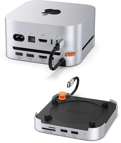 Stouchi Mac Mini M4 Dock Stand con 8TB NVMe SATA SSD Enclosure, 2* USB A 10Gbps, 4K@60Hz HDMI, SD/TF Slot, 2* USB A Data Port, Audio 3.5mm, Pulsante di accensione facile e Wi-Fi stabile per Mac mini