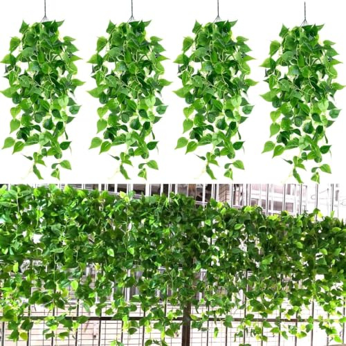 SKIPTHYBER 4 Stücke Hängepflanze Künstlich, 105 cm Kunstpflanze Hängend, Hängepflanzen mit Töpfen, Künstliche Pflanzen Hängend, für Zuhause, Büro, Garten Oder Terrasse (Grün)